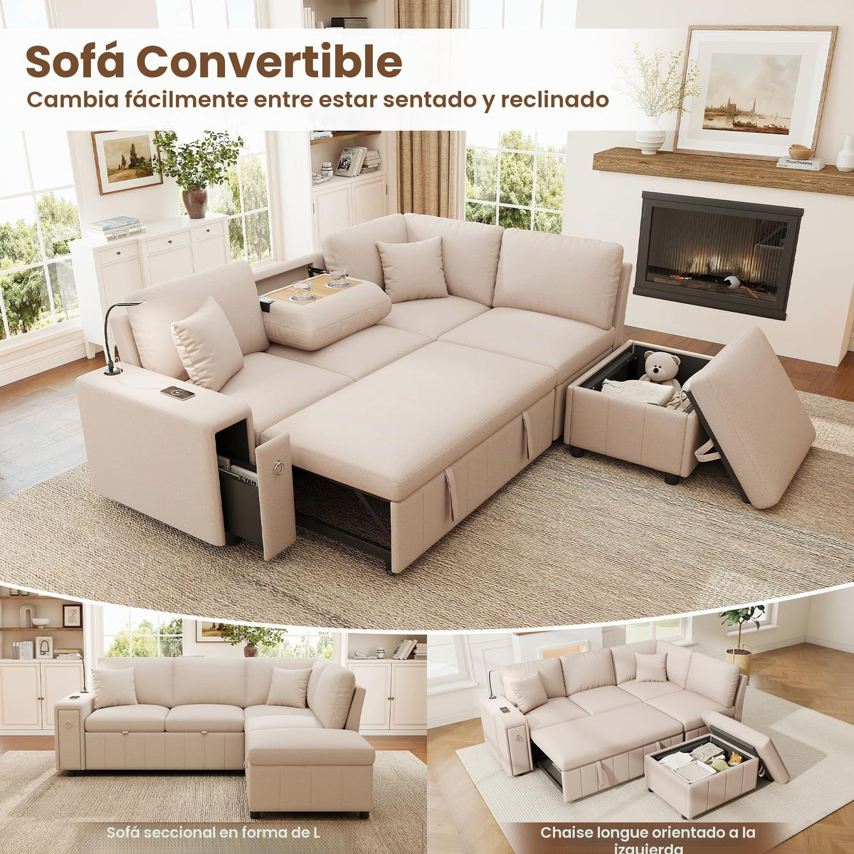 Sofá esquinero extensible en forma de L con puerto USB y portavasos, sofá cama de 4 plazas con función cama, sofá convertible con espacio de almacenamiento y reposabrazos, cojines, chenilla