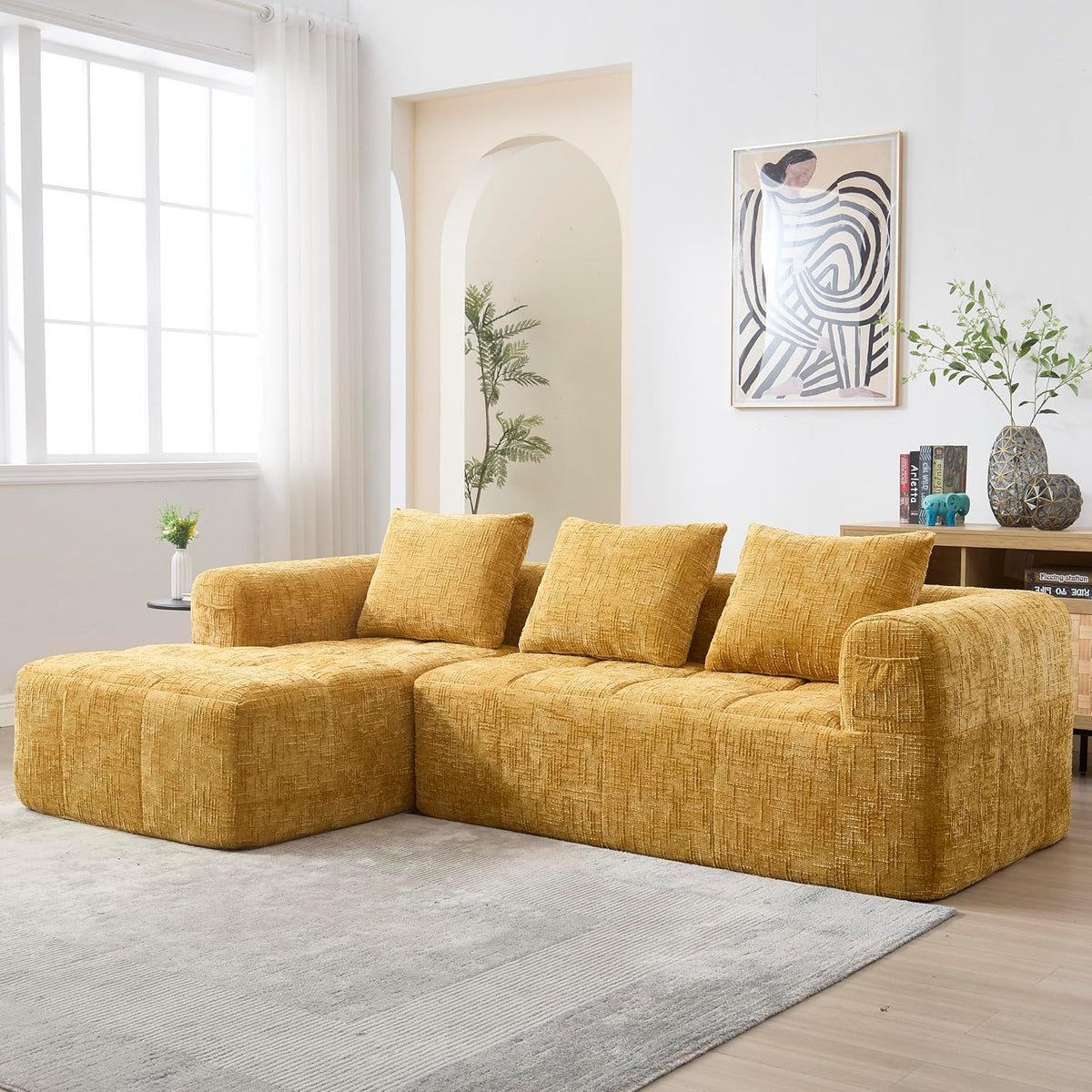 Soweiz Sofá L, seccional de 3 plazas, sofá con chaise longue y reposabrazos, 3 cojines, bolsillo lateral para mando a distancia, 250 x 158 x 60 cm
