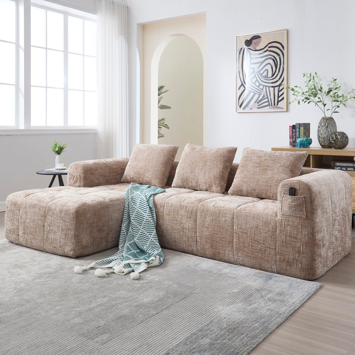 Soweiz Sofá L, seccional de 3 plazas, sofá con chaise longue y reposabrazos, 3 cojines, bolsillo lateral para mando a distancia, 250 x 158 x 60 cm