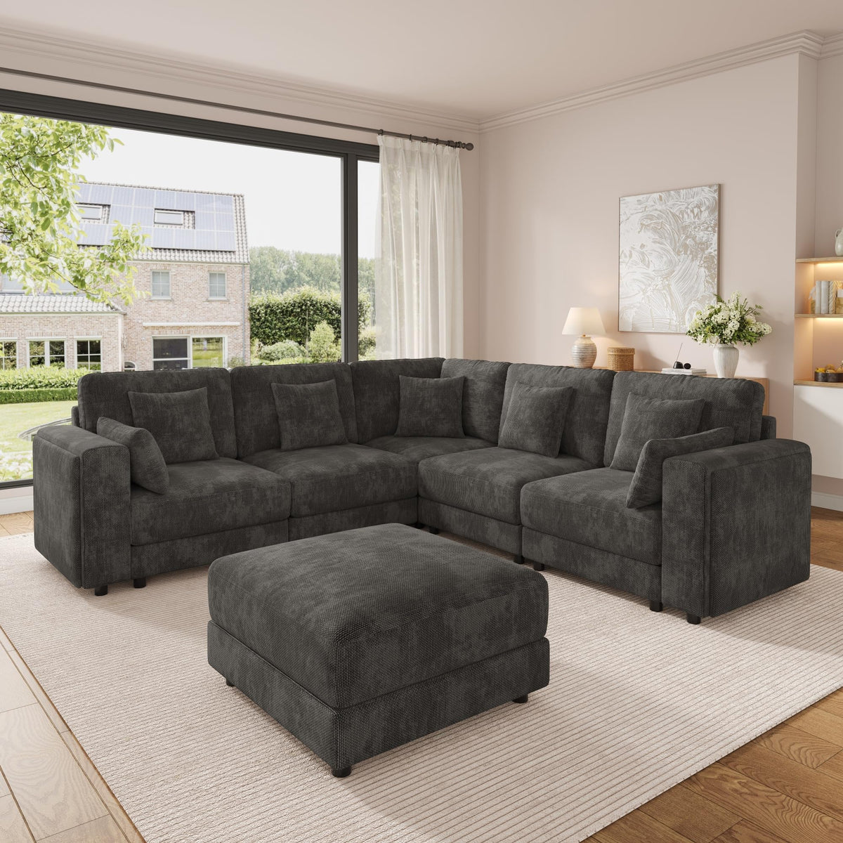 Sofá modular de 6 plazas, sofá esquinero en forma de L/U, puertos USB/tipo C, portavasos y espacio de almacenamiento, tela de chenilla, 7 cojines, salón, dormitorio y oficina, color beige