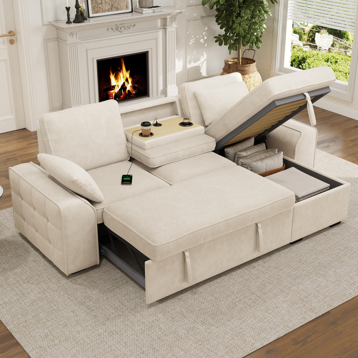 Sofá modular de 3 plazas con función cama extensible y USB/Type-C, sofá esquinero en forma de L con reposacabezas semifijos y compartimento de almacenamiento, sofás con chaise longue
