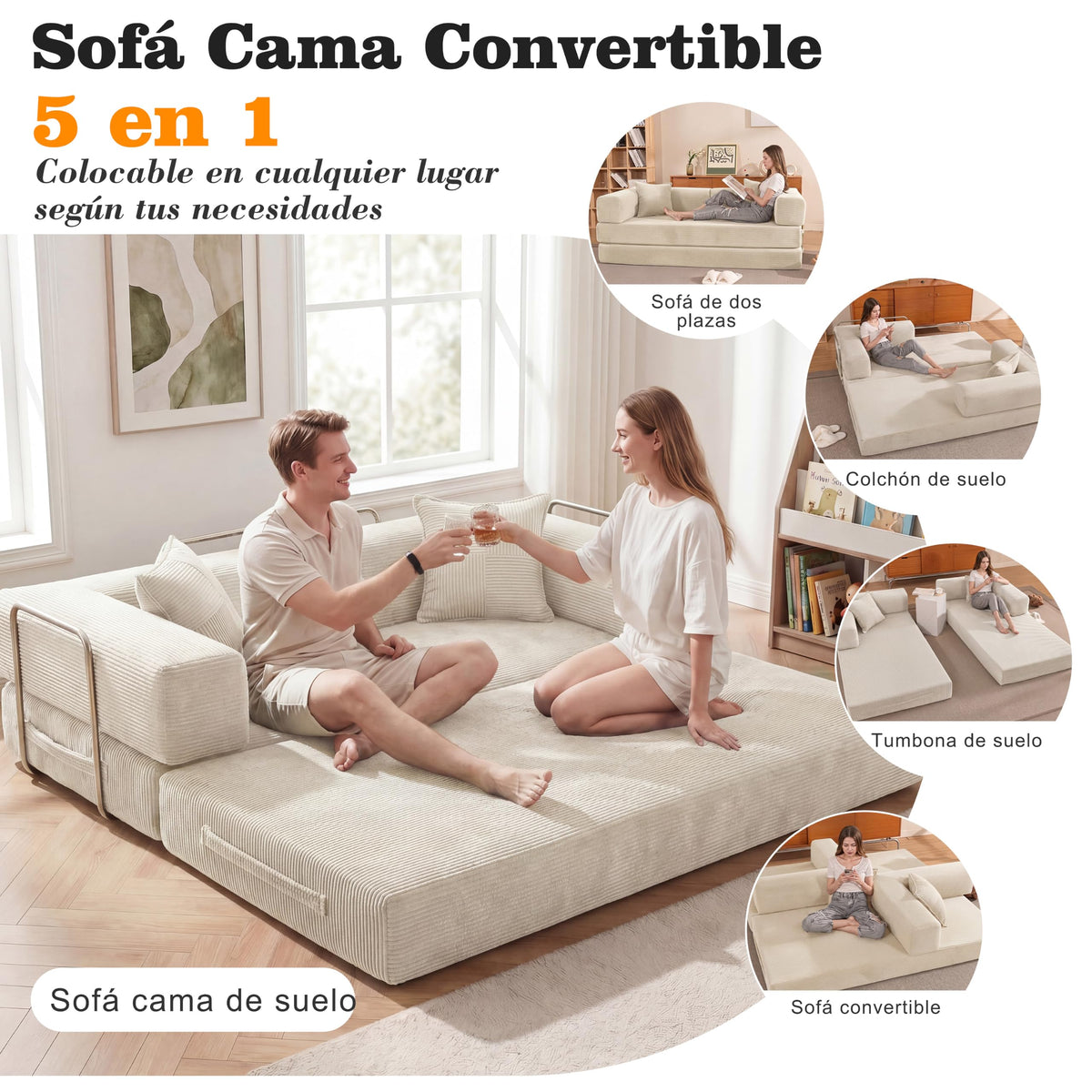 Vipbear Sofá Cama Pana 200×100×70 cm, sofá de Suelo transformable 5 en 1, Espuma de Alta Densidad, Apto para Mascotas y ergonómico, sin Montaje, Verde
