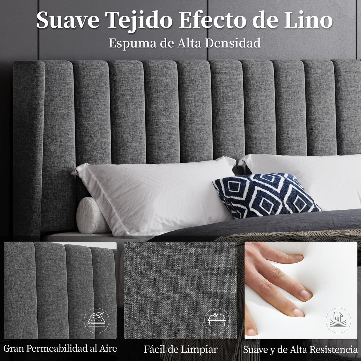 Yaheetech Cama Doble Tapizada 140 x 200cm con Somier de Lamas con Cabecero Rayado Moderno Estructura de Madera y Metal Marco de Cama para Adultos 2 Personas Beige