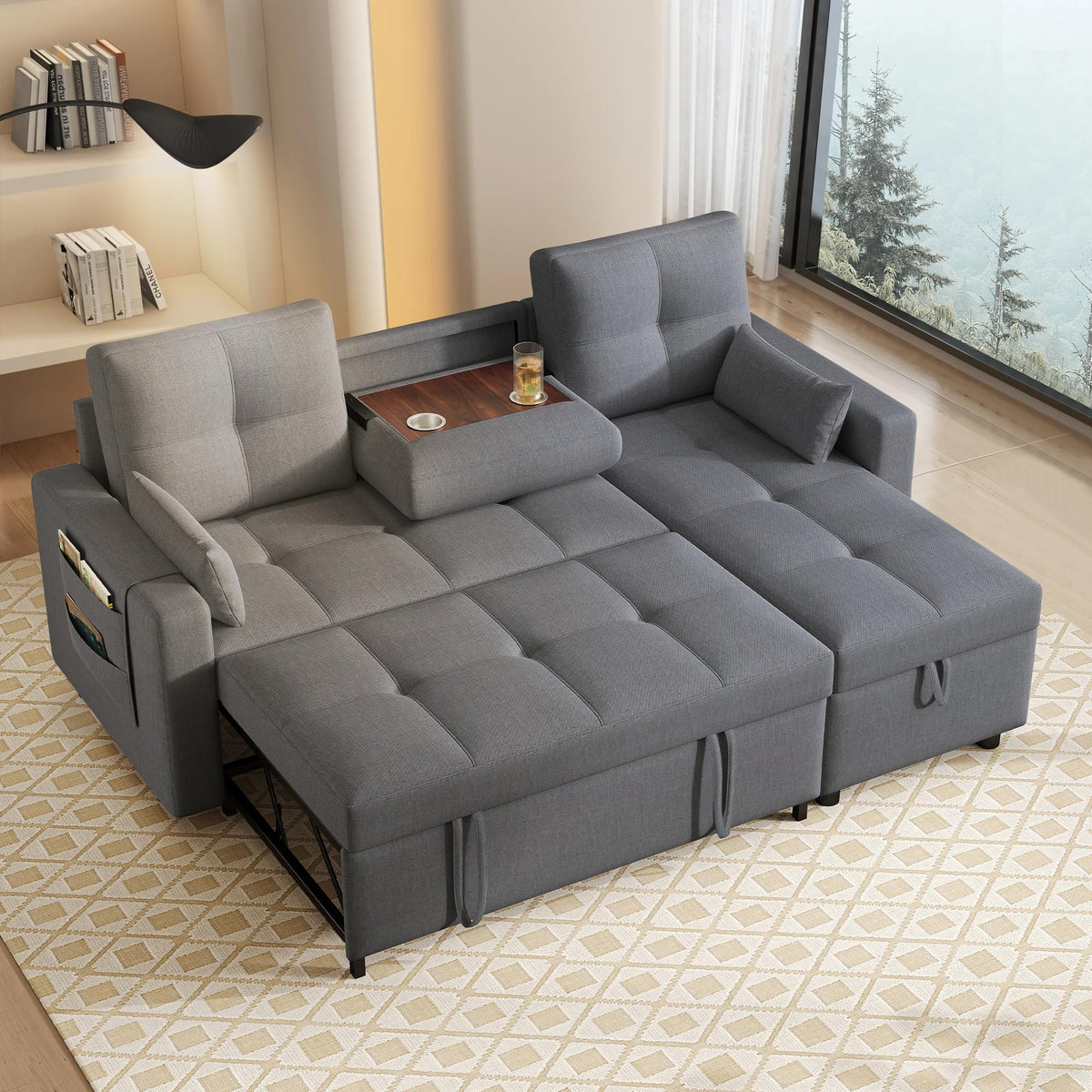 Sofá esquinero extensible en forma de L con puerto USB y portavasos, sofá cama de 4 plazas con función cama, sofá convertible con espacio de almacenamiento y reposabrazos, cojines, chenilla