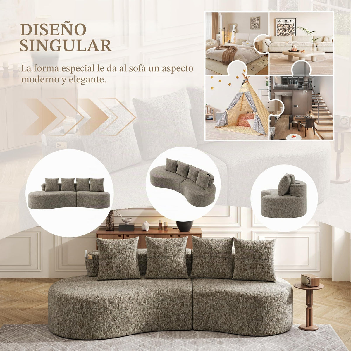 Bladez Sofá esquinero moderno curvado de 5 plazas, sofá modular de terciopelo, diseño curvado, cómodo sofá tapizado, cómodo sofá tapizado con cojines, adecuado para salón y apartamento, color blanco