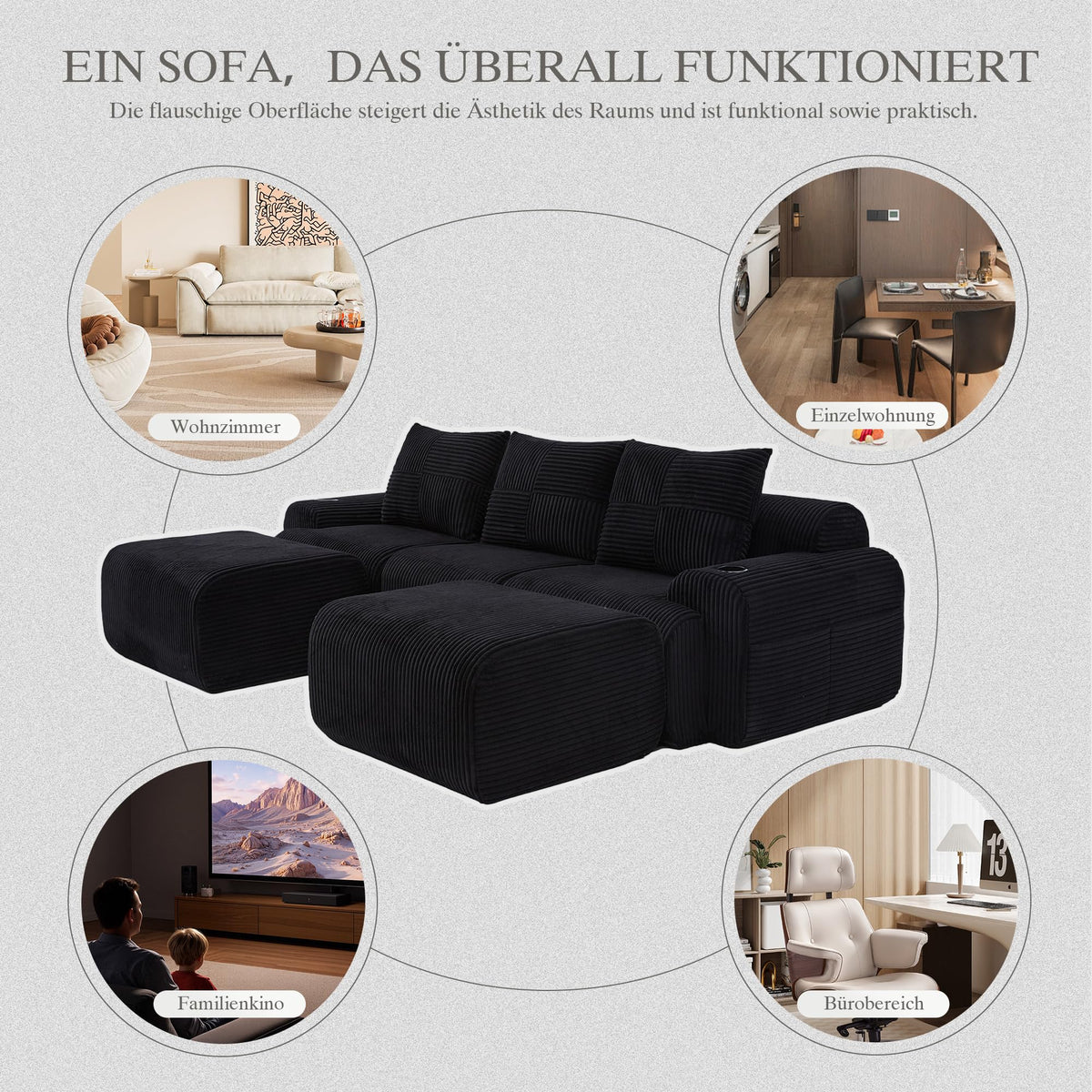Sofá modular de 200 cm, sofá de 2 plazas con portabebidas y bolsillo de almacenamiento lateral, sofá comprimido de pana, sofá seccional para sala de estar y dormitorio