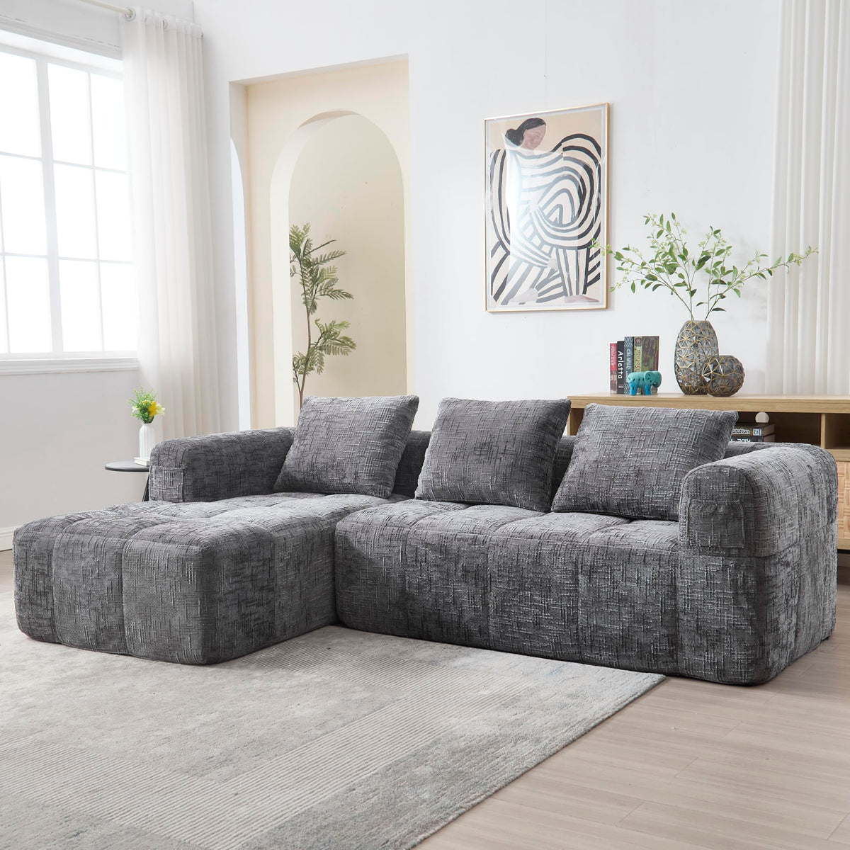 Soweiz Sofá L, seccional de 3 plazas, sofá con chaise longue y reposabrazos, 3 cojines, bolsillo lateral para mando a distancia, 250 x 158 x 60 cm