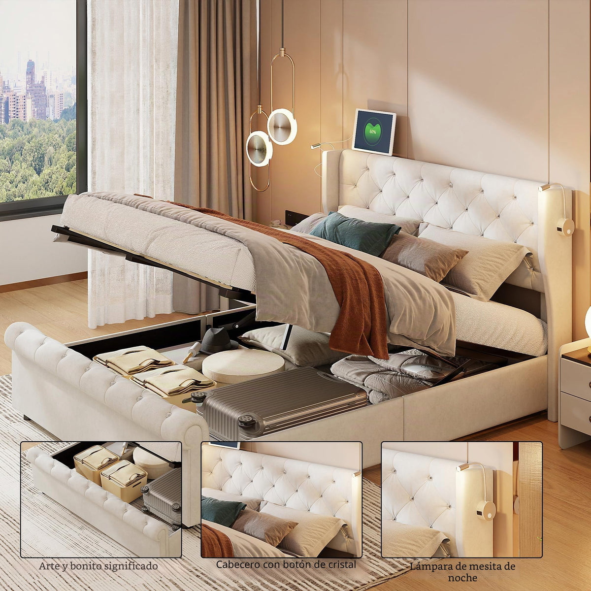 BRILVERDE Cama Tapizada 140x200 con Almacenamiento hidráulico, Cama matrimonial con Toma USB y luz LED, Cabecero Acolchado y Base de Láminas, Terciopelo (Beige, 140 x 200 cm)