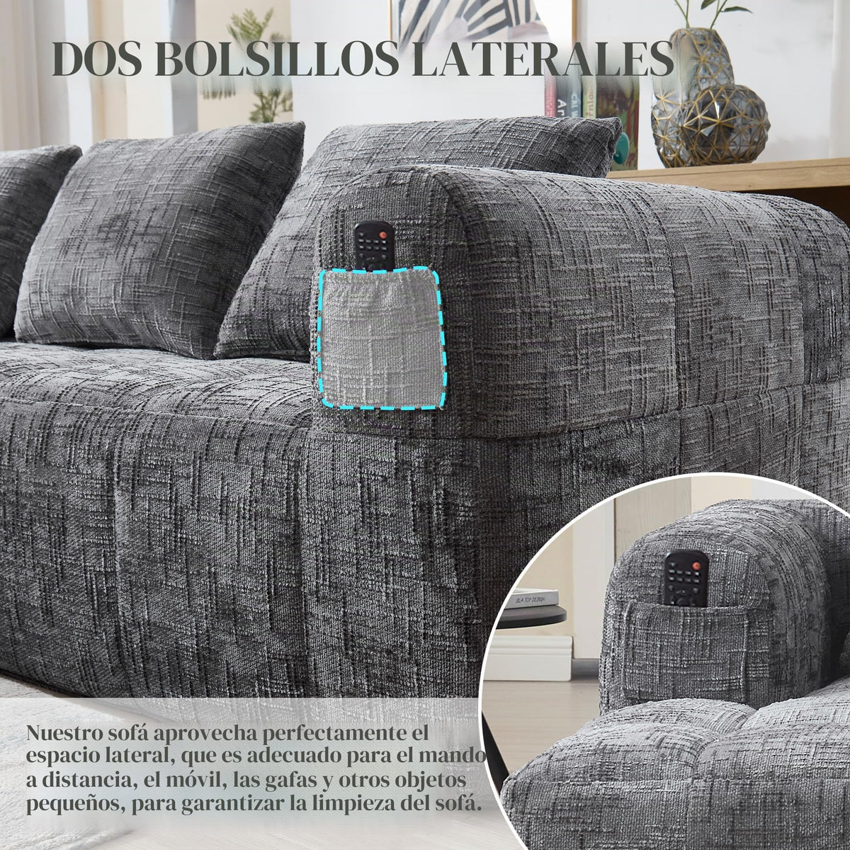Soweiz Sofá L, seccional de 3 plazas, sofá con chaise longue y reposabrazos, 3 cojines, bolsillo lateral para mando a distancia, 250 x 158 x 60 cm