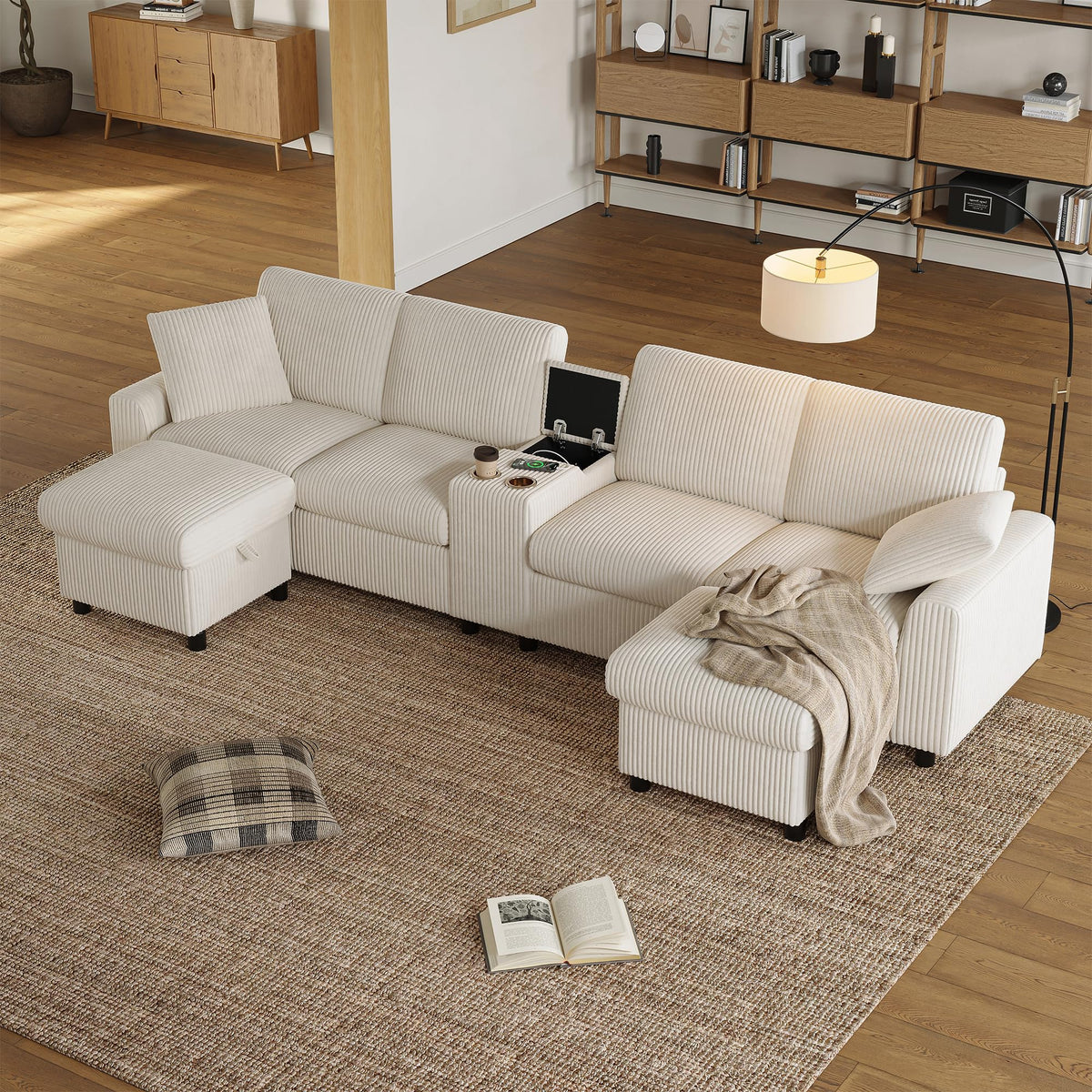 LAKFEW Sofa Cama con Cama Extensible y Taburete Almacenaje, Sofa Rinconera con USB, Lámpara de Lectura, Mesa Plegable con 2 Posavasos, 205x205x85 cm, Gris