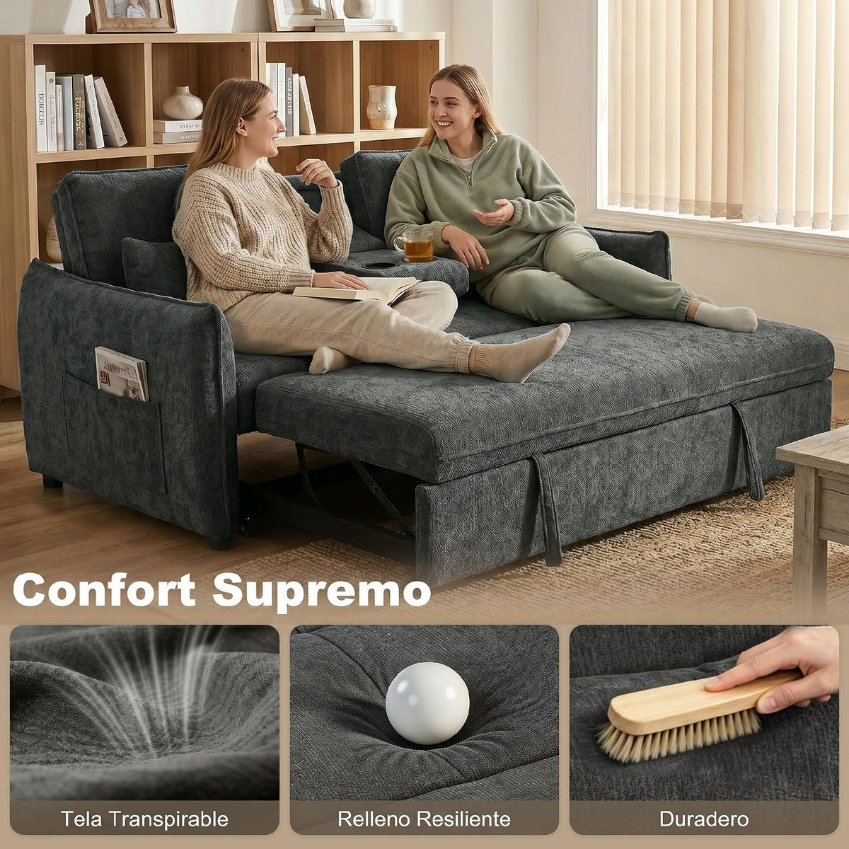 HOMCOM Sofá Cama 2 Plazas 3 en 1 Mesa Auxiliar 2 Almohadas Gris Oscuro