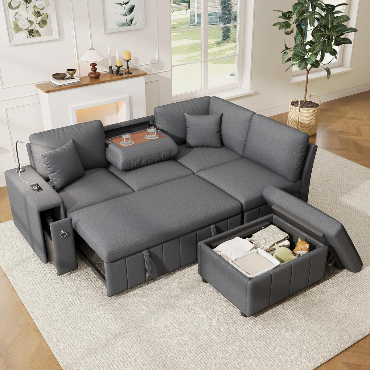 Sofá esquinero extensible en forma de L con puerto USB y portavasos, sofá cama de 4 plazas con función cama, sofá convertible con espacio de almacenamiento y reposabrazos, cojines, chenilla