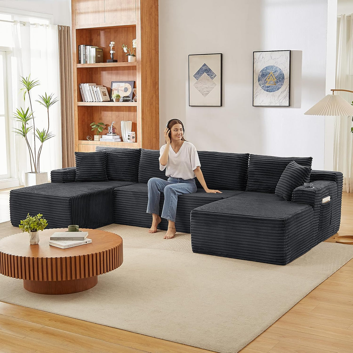 Bladez Sofá esquinero modular en forma de U de pana de 3 plazas gris con otomana