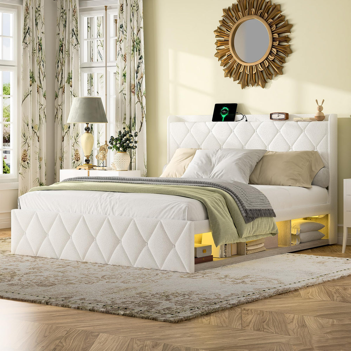 Cama tapizada de 160 x 200 cm con espacio de almacenamiento e iluminación LED, cama doble hidráulica con detalles dorados, cama de terciopelo de lujo con sincronización de música y