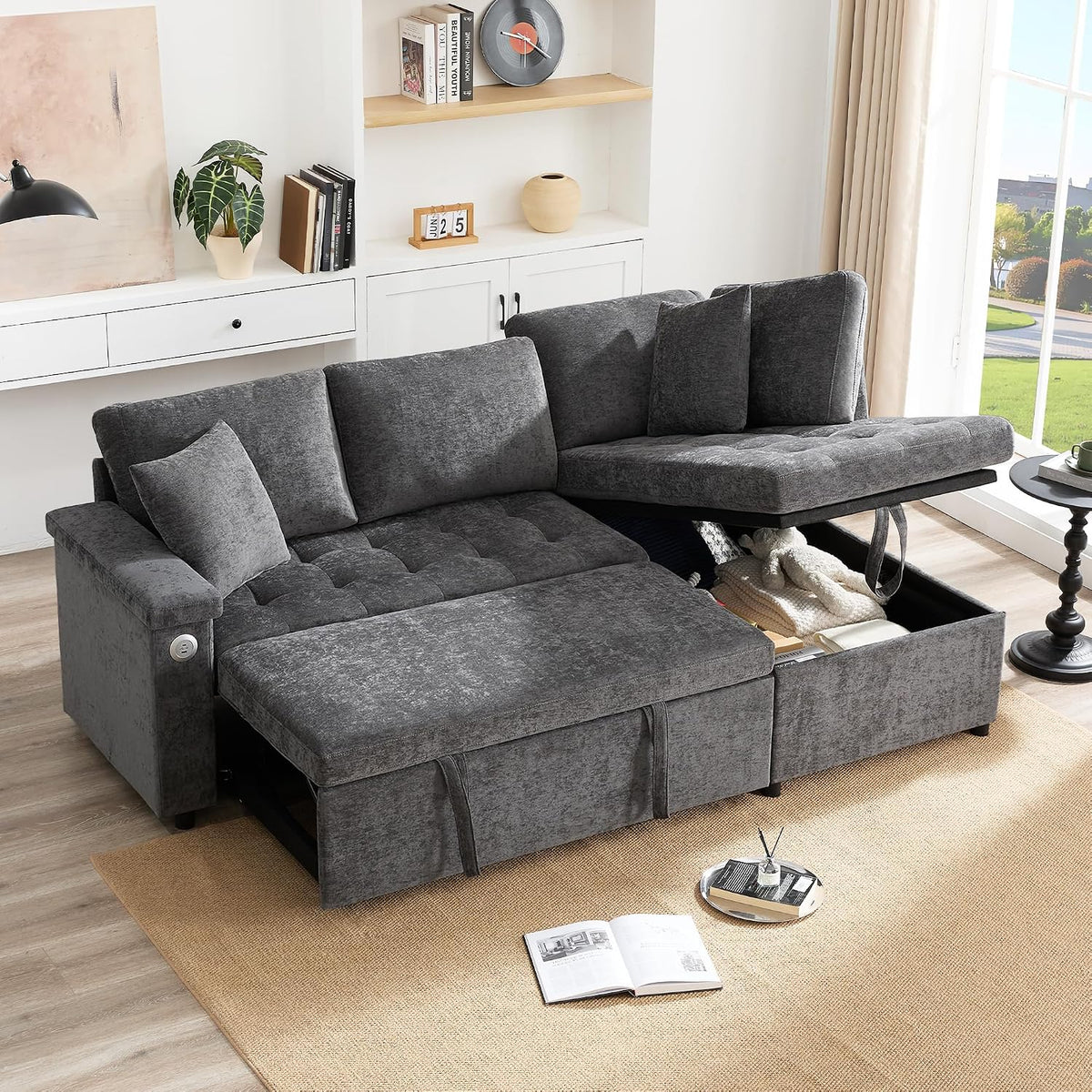 Lubvtti Sofá cama de 3 plazas moderno con función de cama, con espacio de almacenamiento, cargador USB, reposabrazos portaobjetos y 2 cojines, sofá de esquina en L, sofá de 3 plazas, chenilla (C-gris)