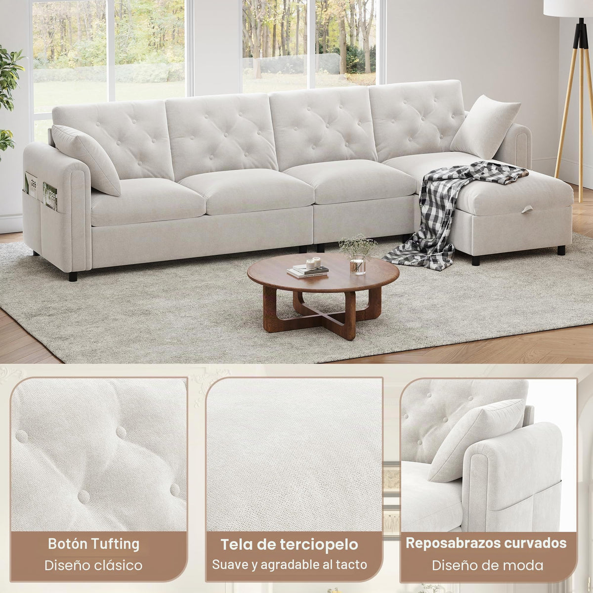 LAKFEW Sofa Cama con Cama Extensible y Taburete Almacenaje, Sofa Rinconera con USB, Lámpara de Lectura, Mesa Plegable con 2 Posavasos, 205x205x85 cm, Gris