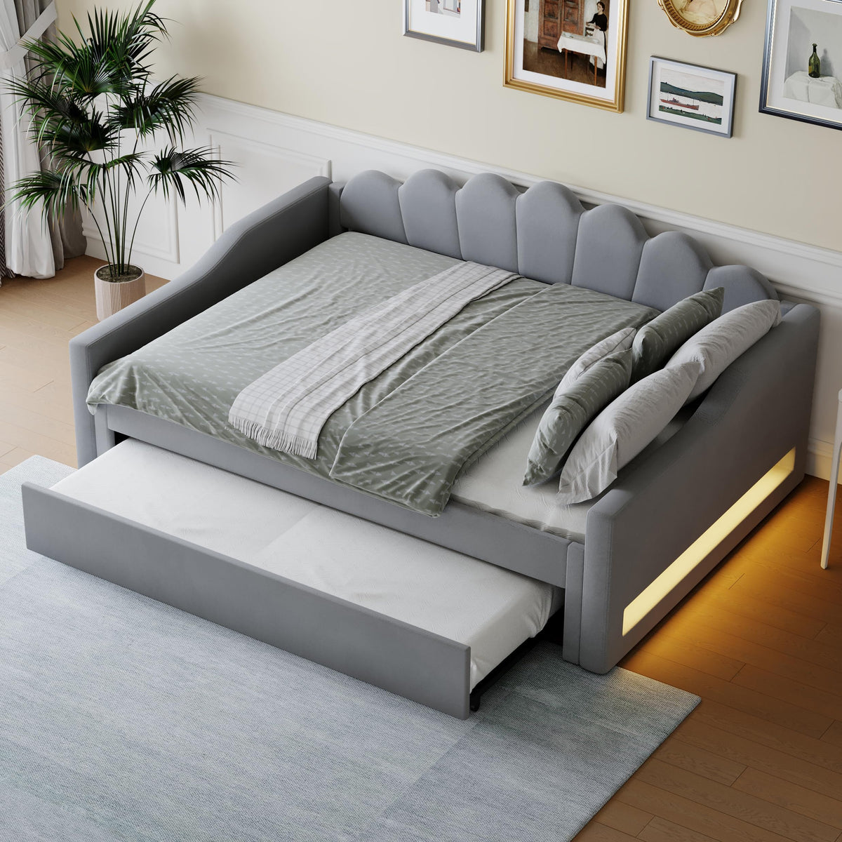 Cama acolchada de 140 x 200 cm con cinturón LED y cama nido (beige)
