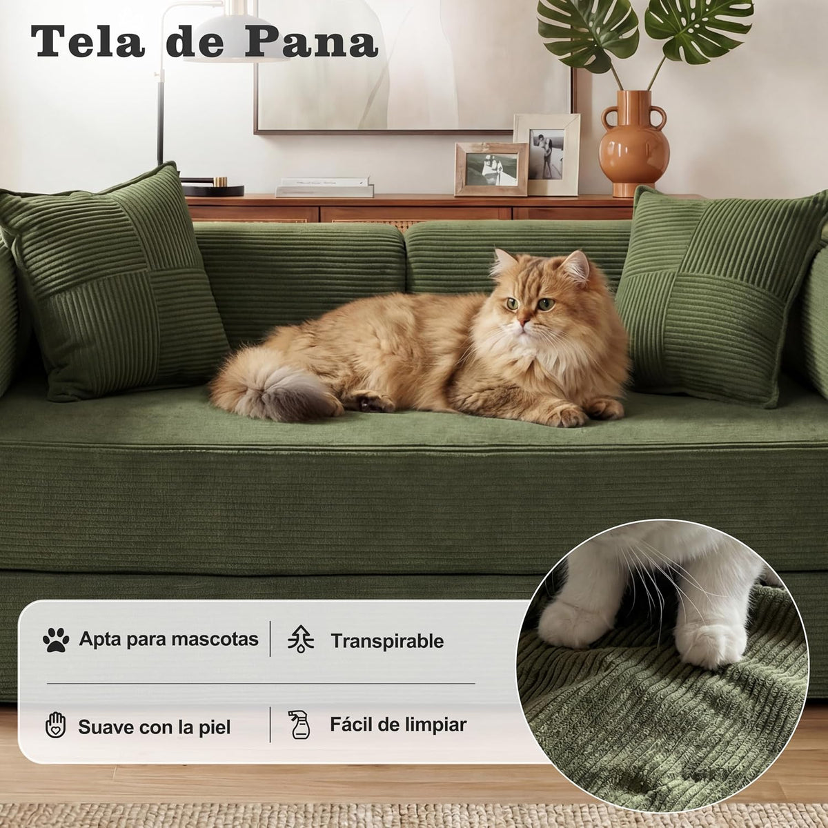 Vipbear Sofá Cama Pana 200×100×70 cm, sofá de Suelo transformable 5 en 1, Espuma de Alta Densidad, Apto para Mascotas y ergonómico, sin Montaje, Verde