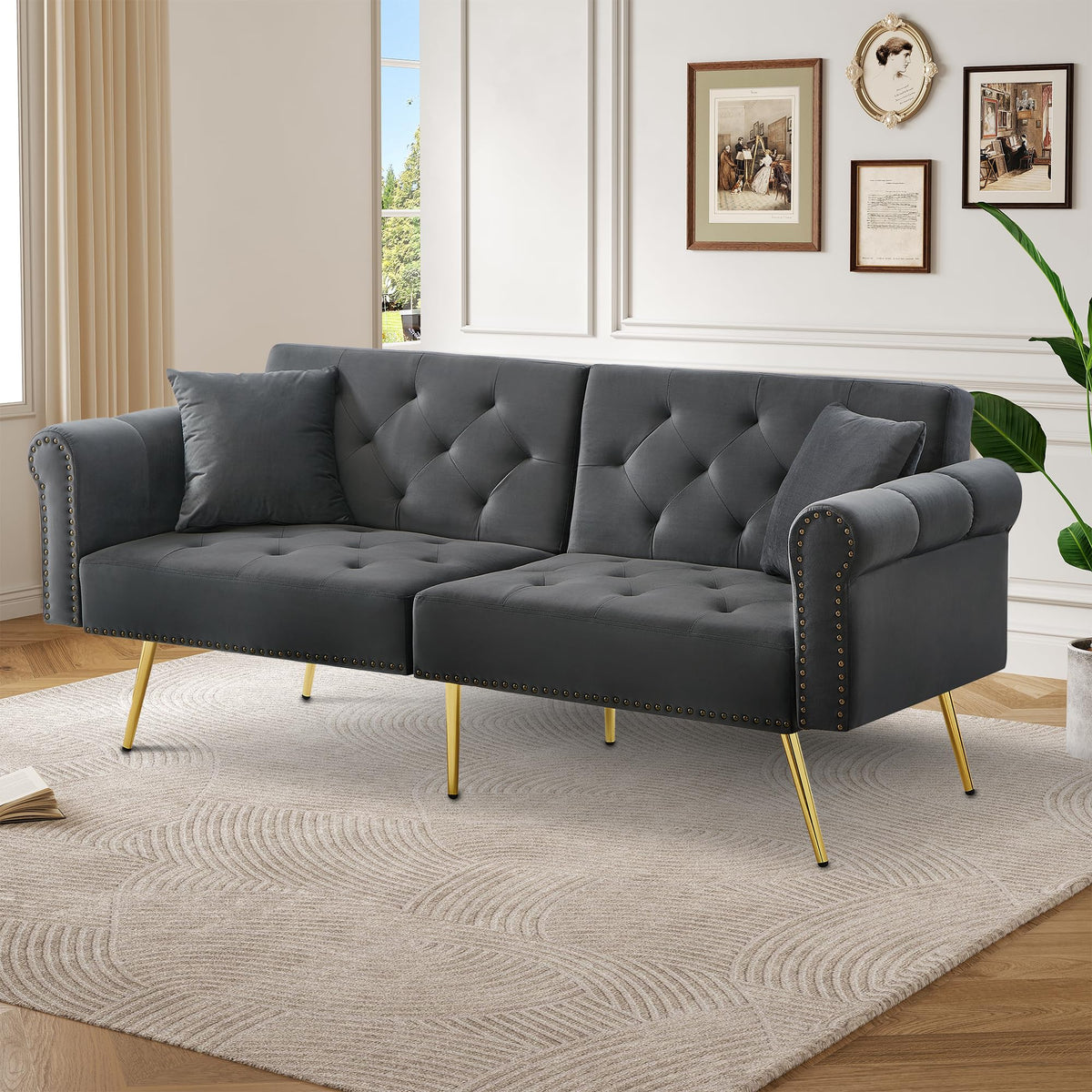 Sofá cama moderno de 2 plazas, tapizado en terciopelo, respaldo ajustable en 3 niveles y patas de metal doradas, elegante sofá con función de dormir, ahorra espacio, resistente, 173 x 75 x 70 cm