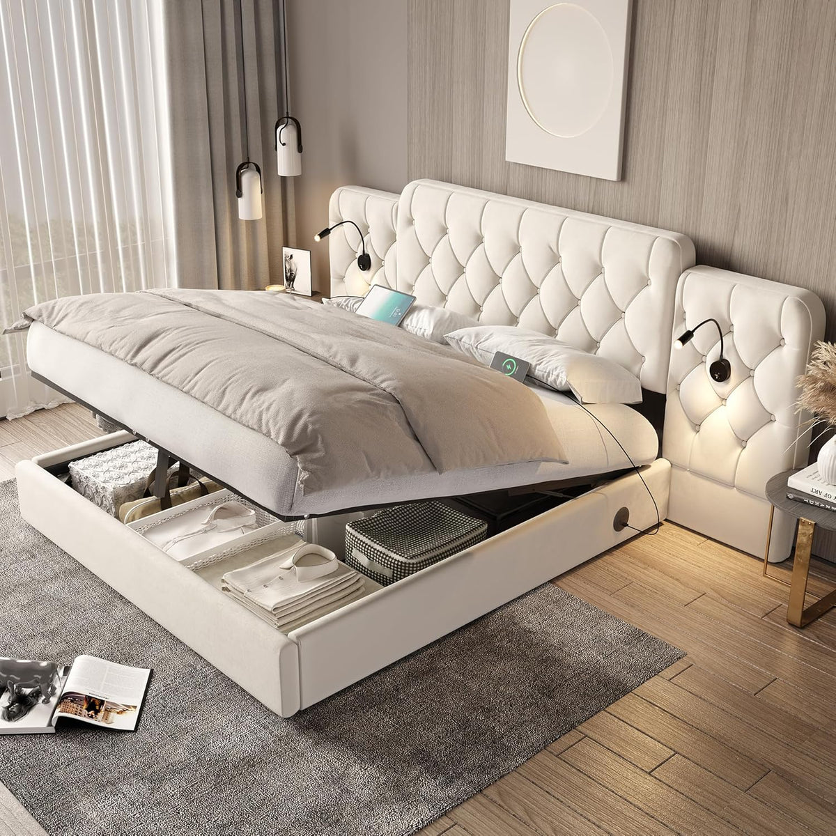 Estructura de cama con cabecero largo, 180 x 200 cm, material de terciopelo moderno, varios puertos USB, lámpara de escritorio, sistema hidráulico, espacio de almacenamiento extra grande en la