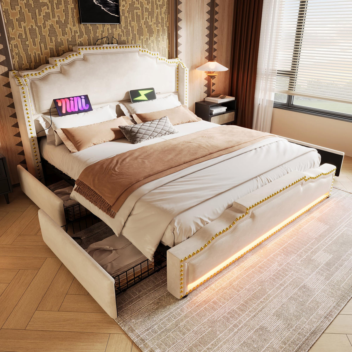 Cama tapizada de 160 x 200 cm, cama doble con 4 cajones, iluminación LED y puerto de carga USB-C, cama de almacenamiento y cama juvenil con somier, terciopelo, beige, sin colchón