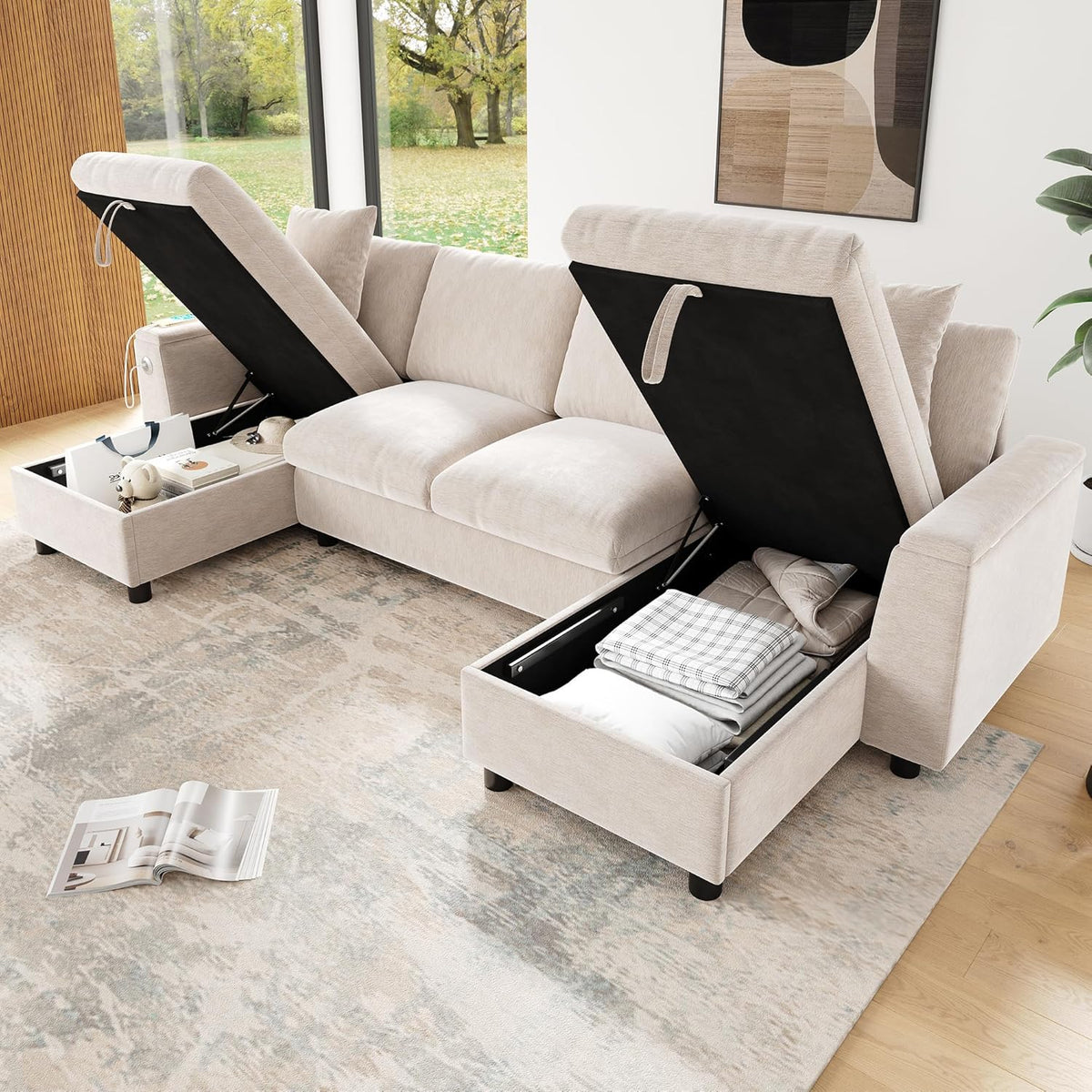 Sofá moderno de chenilla en forma de U con chaise longue, sofá esquinero de 4 plazas con espacio de almacenamiento, puerto USB y tipo C, modular, con soporte para bebidas y cojines suaves