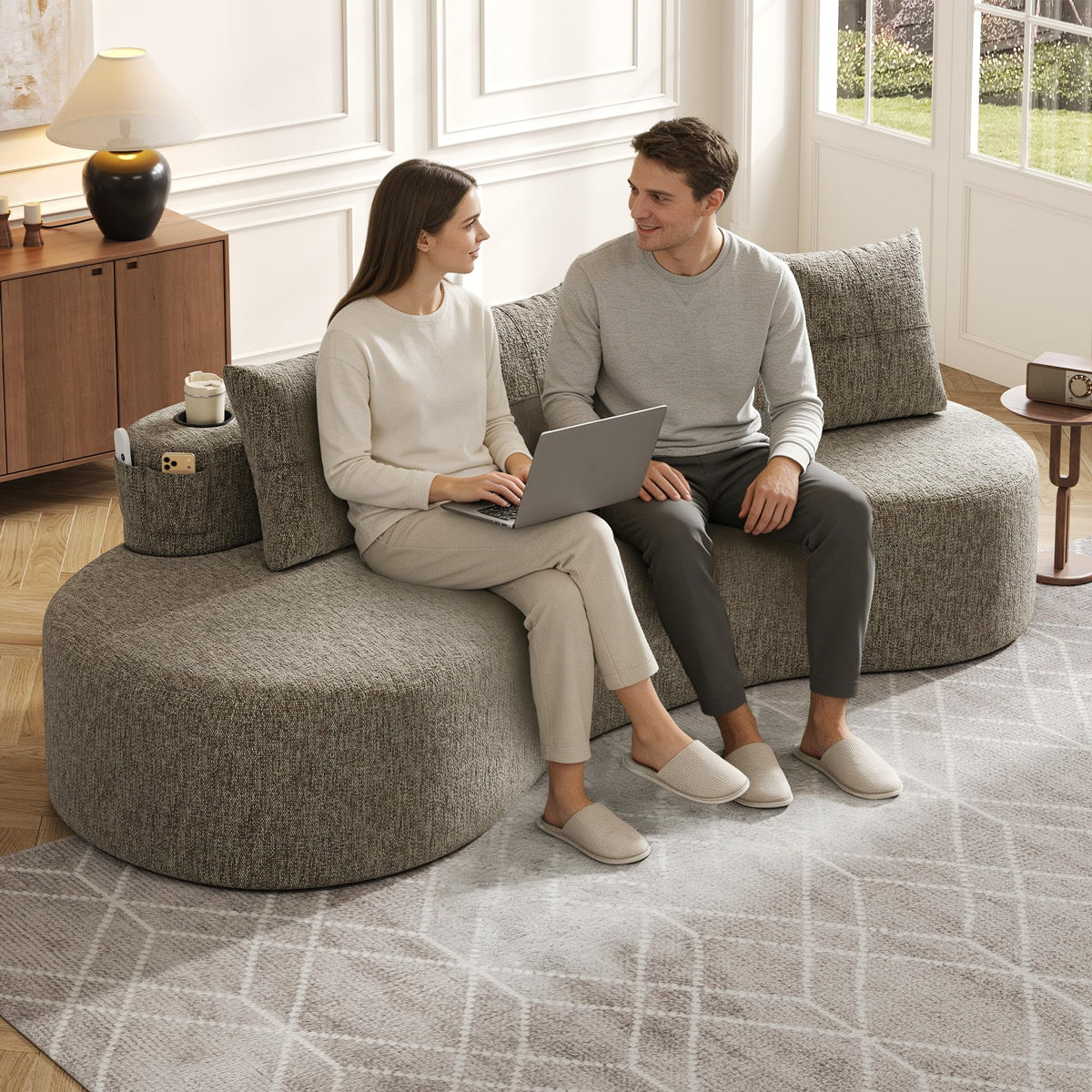 Bladez Sofá esquinero moderno curvado de 5 plazas, sofá modular de terciopelo, diseño curvado, cómodo sofá tapizado, cómodo sofá tapizado con cojines, adecuado para salón y apartamento, color blanco