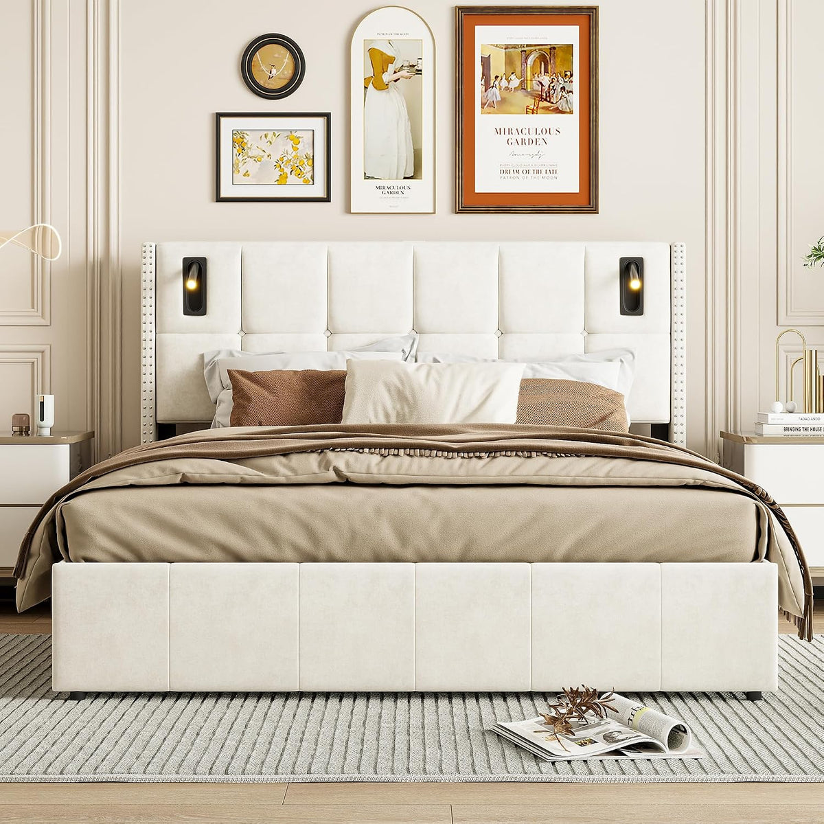 BRILVERDE Cama Tapizada 160x200 con Almacenamiento hidráulico, Cama matrimonial con lámpara de mesita, Cabecero Acolchado y Base de Láminas, Terciopelo (Beige, 160 x 200 cm)