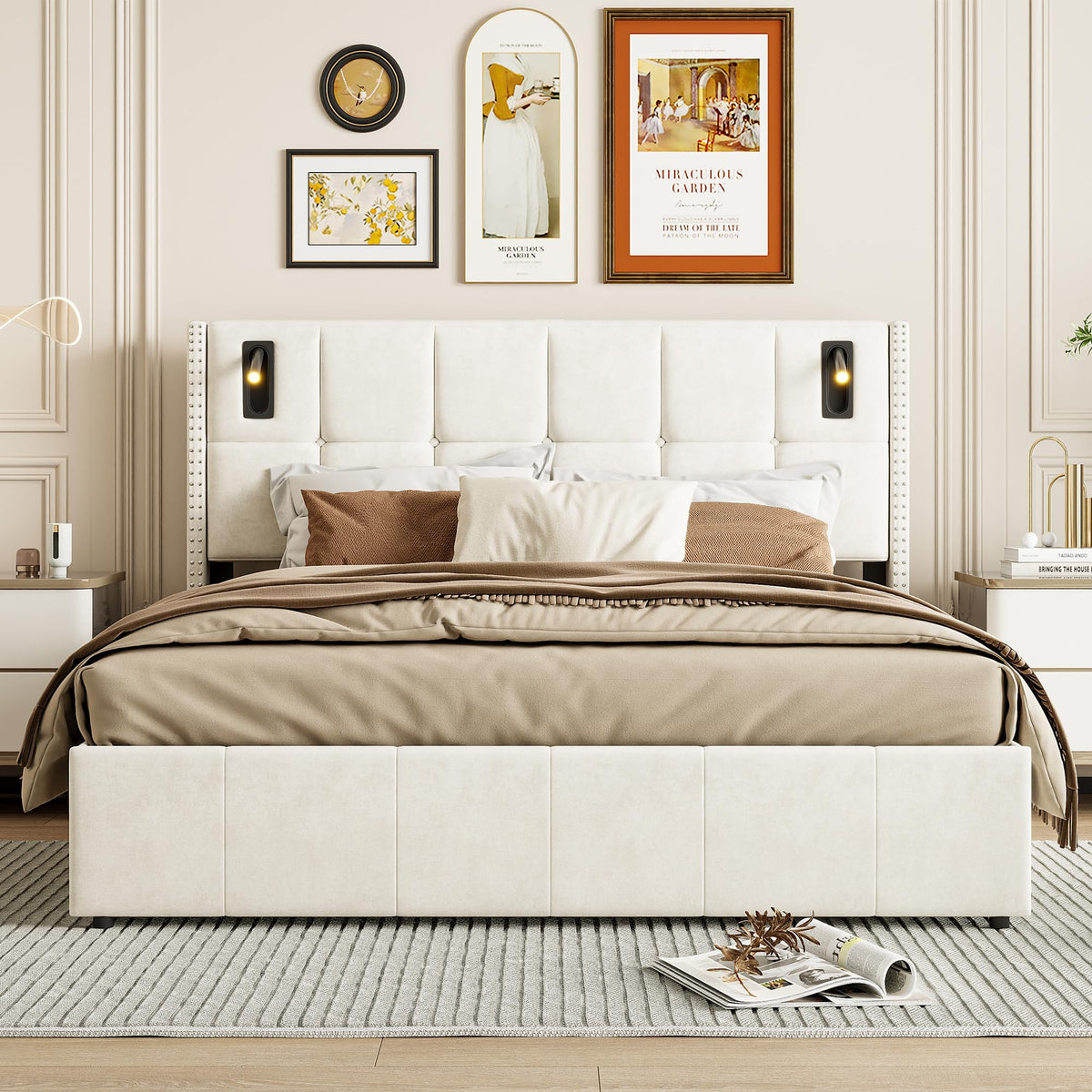 BRILVERDE Cama Tapizada 160x200 con Almacenamiento hidráulico, Cama matrimonial con lámpara de mesita, Cabecero Acolchado y Base de Láminas, Terciopelo (Beige, 160 x 200 cm)