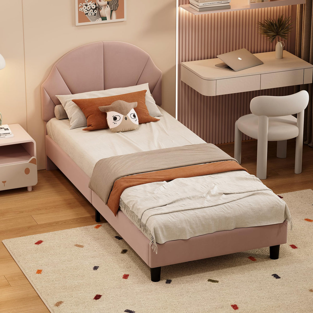 Cama Infantil tapizada 140 x 200 cm con LED, Cama tapizada para niños 140 x 200 con cabecera Ajustable Marco de Camas, Camas de Princesa para Niña en Forma de Corona con Somier(Rosa, 140 x 200)