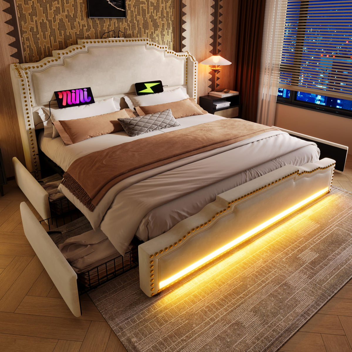 Cama tapizada de 160 x 200 cm, cama doble con 4 cajones, iluminación LED y puerto de carga USB-C, cama de almacenamiento y cama juvenil con somier, terciopelo, beige, sin colchón