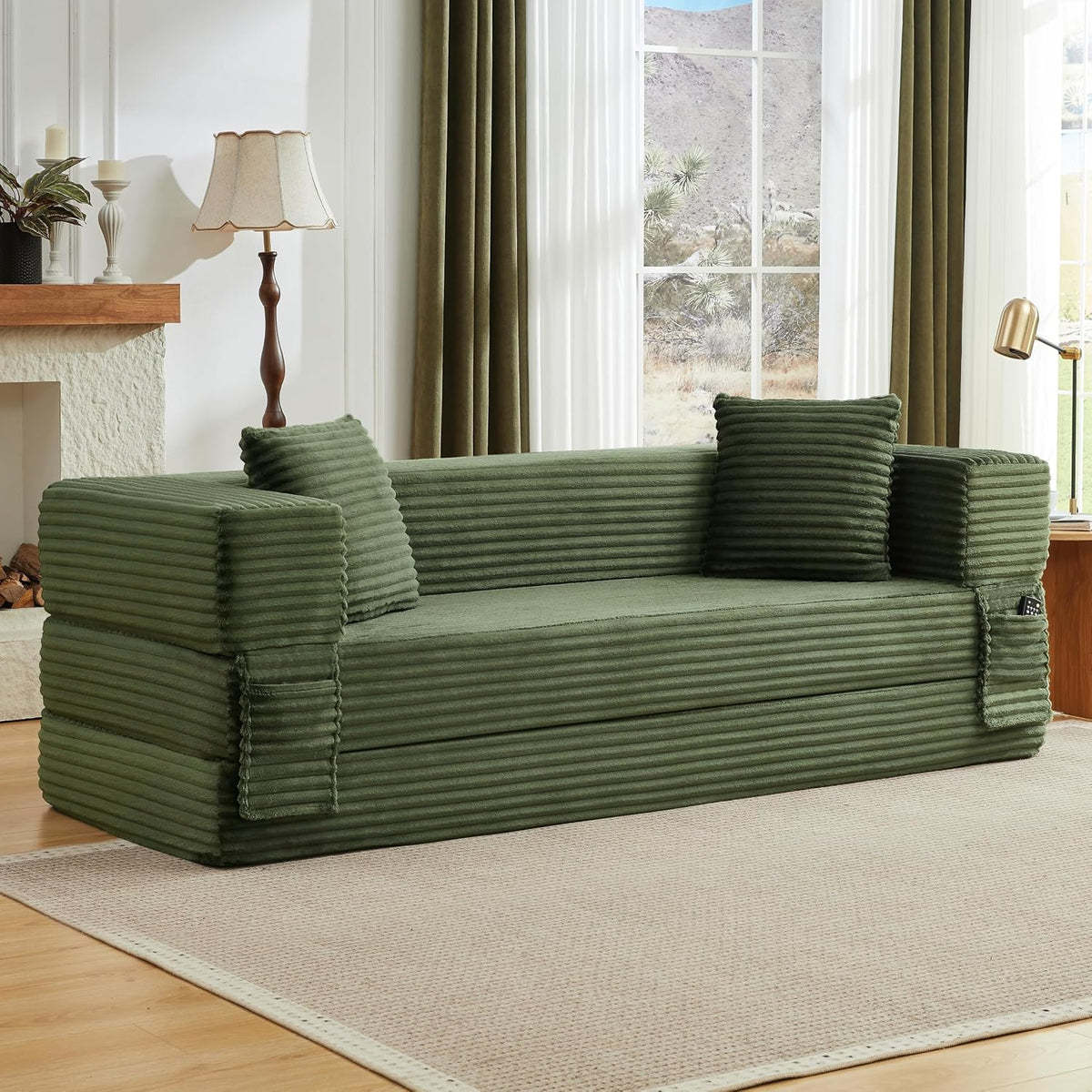 Sapgaks Sofá Convertible, Sofá Cama, Sofá 2 Plazas sin Marco, Sofá Plegable de Compresión, Diseño Cuadrado Clásico, No requiere Montaje (Verde-1)