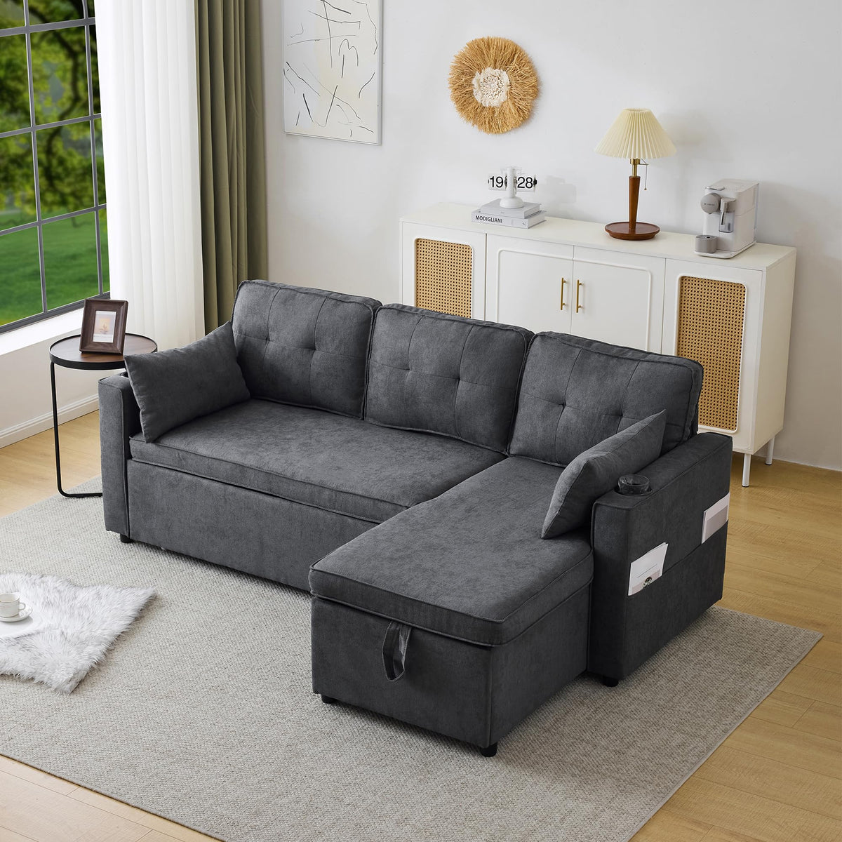 Sofá esquinero extensible en forma de L con puerto USB y portavasos, sofá cama de 4 plazas con función cama, sofá convertible con espacio de almacenamiento y reposabrazos, cojines, chenilla