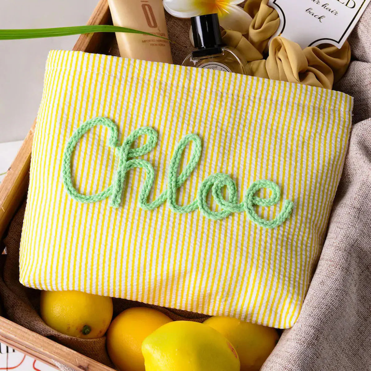 Bolsa de Maquillaje Personalizada de Tela Seersucker, Bolsa de Cosméticos con Nombre Personalizado, Regalo para Damas de Honor, Bolsa de Maquillaje de Viaje, Bolsa de Aseo a Rayas, Playa