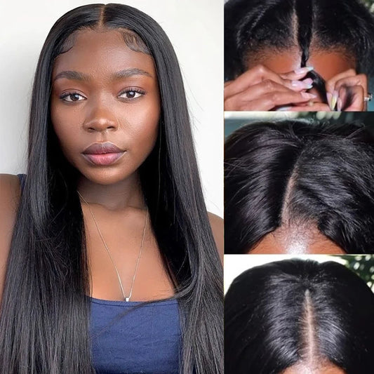 Peluca recta sin pegamento con parte en V, cabello humano brasileño liso con hueso, pelucas de cabello humano para mujeres, parte en V, sin pegamento, 30 y 36 pulgadas