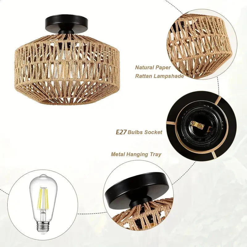Luces de techo de mimbre, accesorio de iluminación tejido a mano, montaje empotrado para pasillo, dormitorio, cocina, entrada y sala de estar