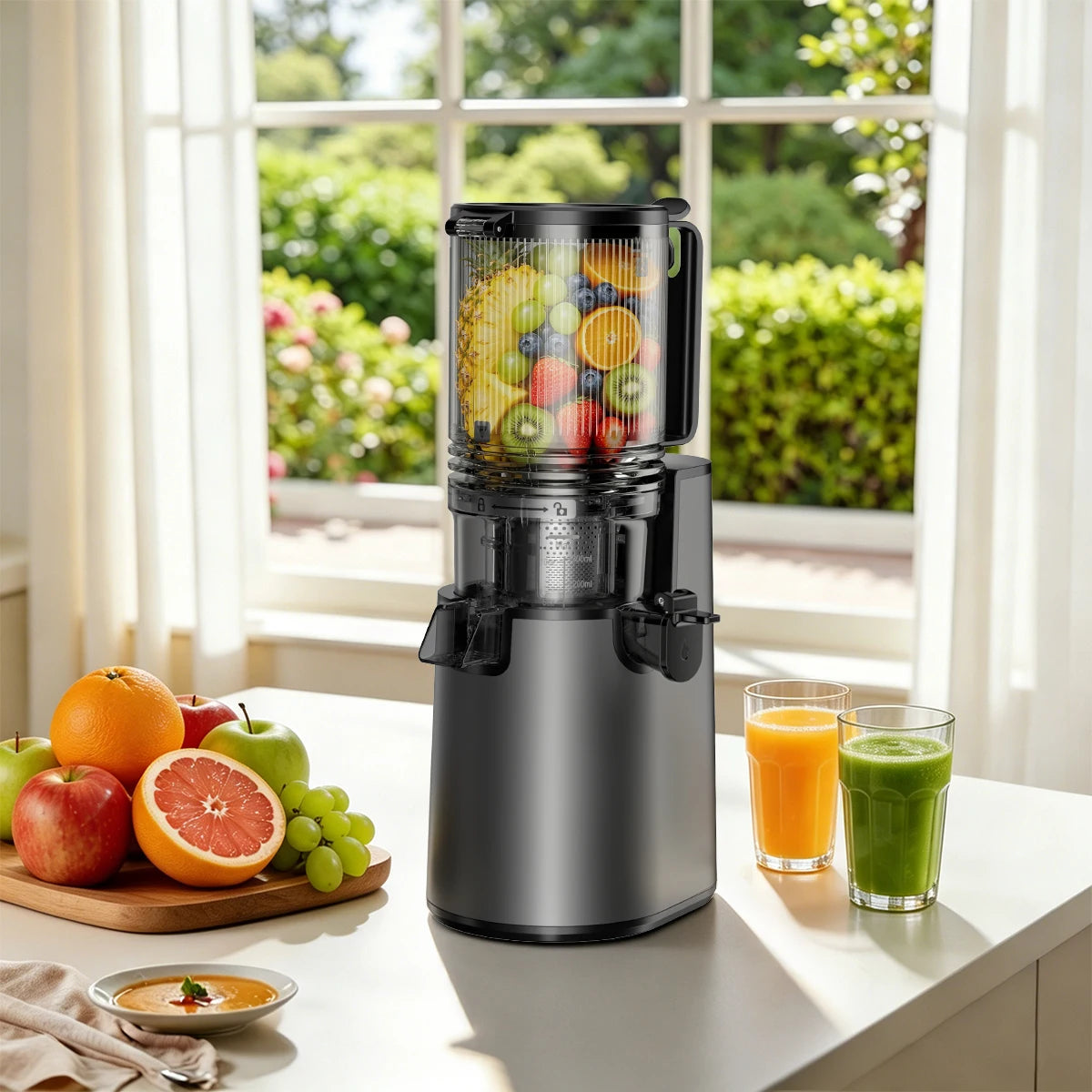 Extractor de jugo de masticación lenta con tolva de alimentación grande de 5,4", máquinas de extractor de jugo de prensado en frío de 350 W para frutas y verduras enteras, extractor de jugo silencioso de 50 RPM, fácil de