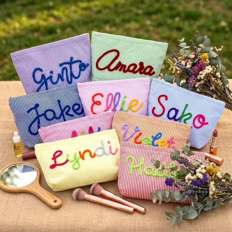 Bolsa de Maquillaje Personalizada de Tela Seersucker, Bolsa de Cosméticos con Nombre Personalizado, Regalo para Damas de Honor, Bolsa de Maquillaje de Viaje, Bolsa de Aseo a Rayas, Playa