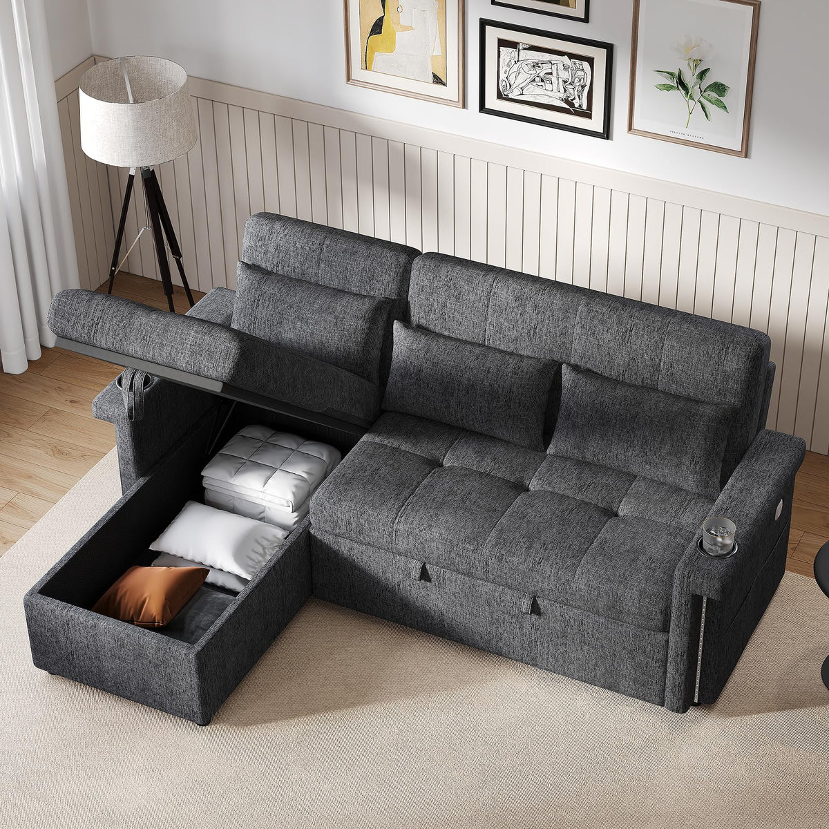 Bladez Sofá cama extensible en forma de L de lino con espacio de almacenamiento, soporte para bebidas, sofá modular de 3 plazas para salón (gris)