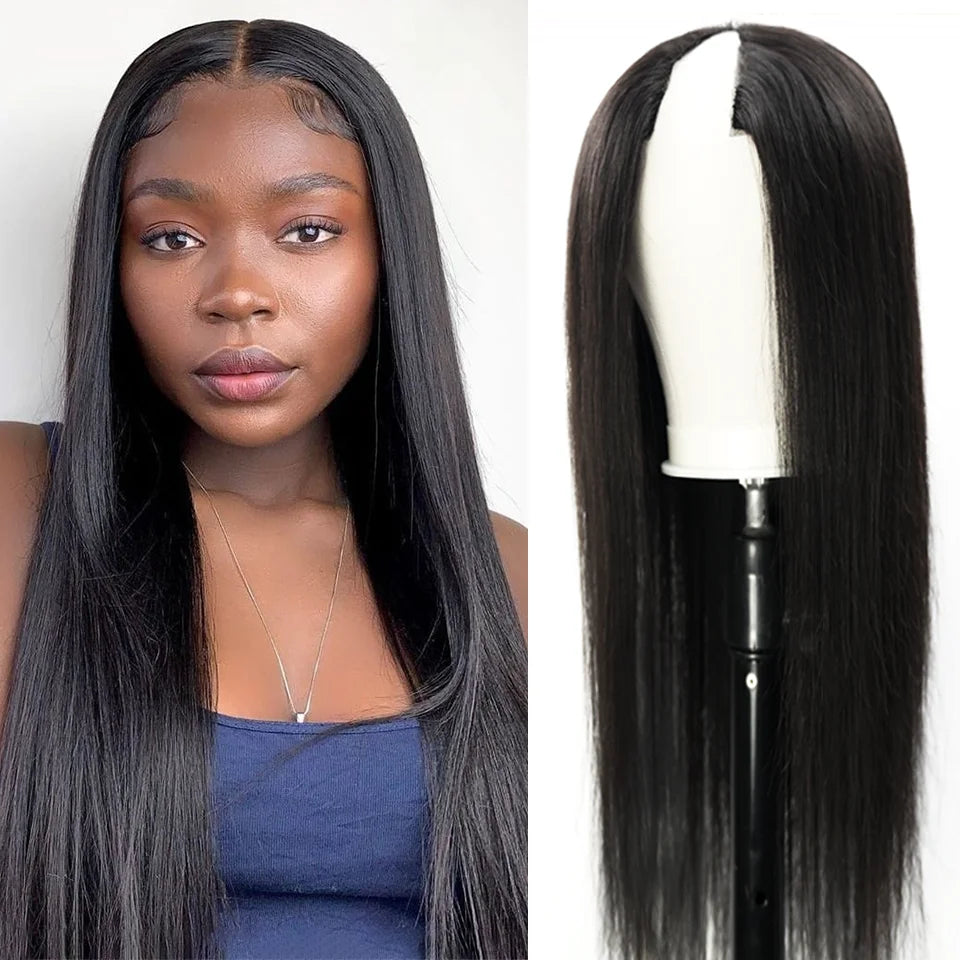 Peluca recta sin pegamento con parte en V, cabello humano brasileño liso con hueso, pelucas de cabello humano para mujeres, parte en V, sin pegamento, 30 y 36 pulgadas