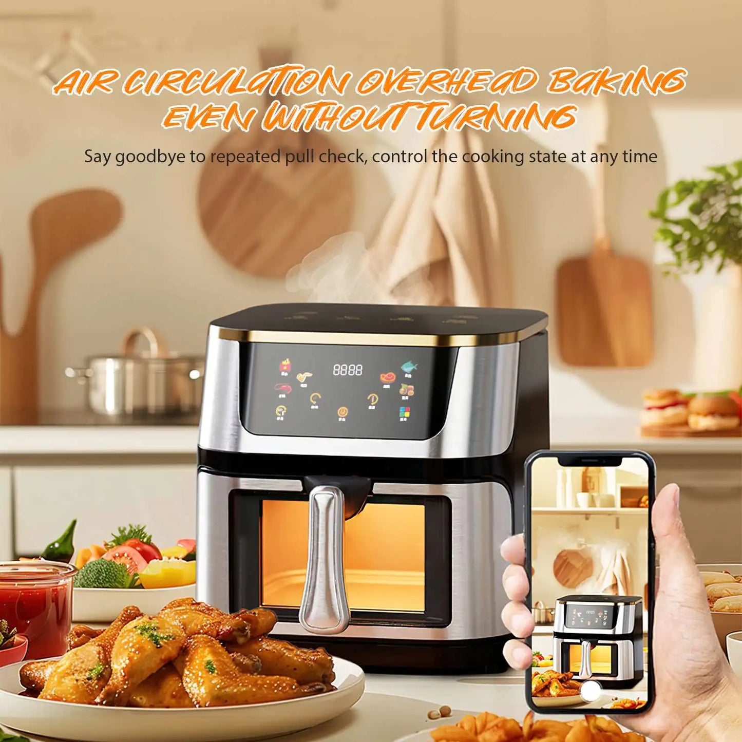 Freidora de aire de gran capacidad de 12L, horno tostador, pantalla táctil LED, accesorios de ventana visuales grandes incluidos, alta circulación de aire caliente