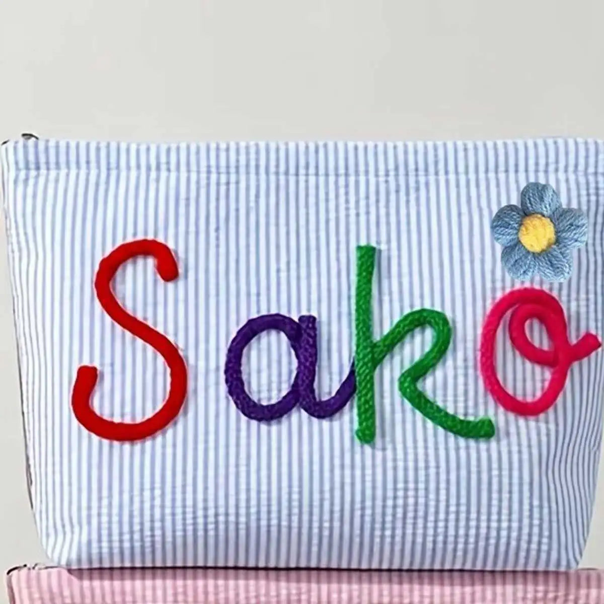 Bolsa de Maquillaje Personalizada de Tela Seersucker, Bolsa de Cosméticos con Nombre Personalizado, Regalo para Damas de Honor, Bolsa de Maquillaje de Viaje, Bolsa de Aseo a Rayas, Playa