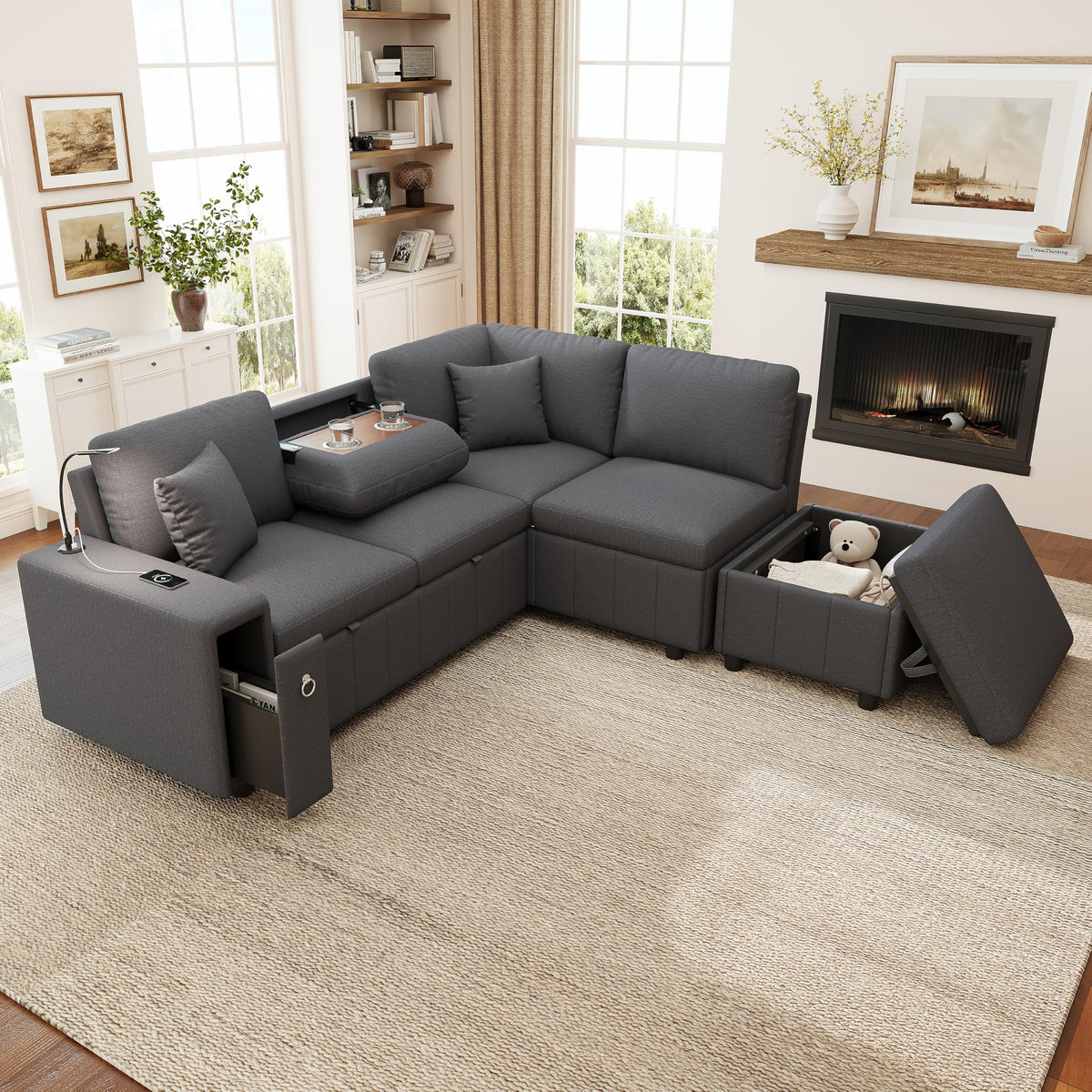 Sofá esquinero extensible en forma de L con puerto USB y portavasos, sofá cama de 4 plazas con función cama, sofá convertible con espacio de almacenamiento y reposabrazos, cojines, chenilla