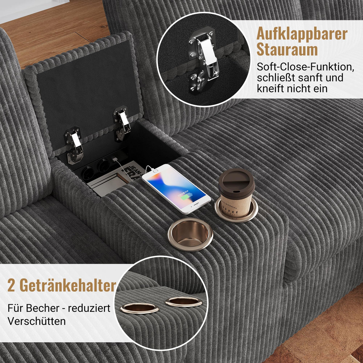 Sofá moderno de chenilla en forma de U con chaise longue, sofá esquinero de 4 plazas con espacio de almacenamiento, puerto USB y tipo C, modular, con soporte para bebidas y cojines suaves