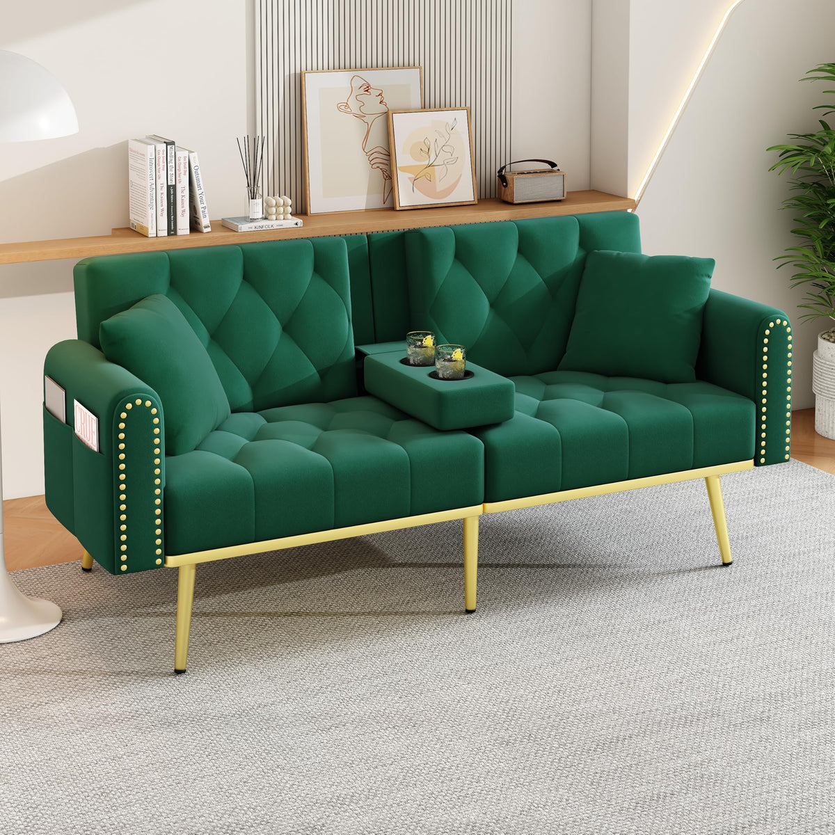 Azkoeesy Sofá cama de 2 plazas con soporte para bebidas, 175 cm, sofá cama con función de dormir, respaldo ajustable en 3 posiciones, patas metálicas doradas y remaches, para sala de estar y cine en