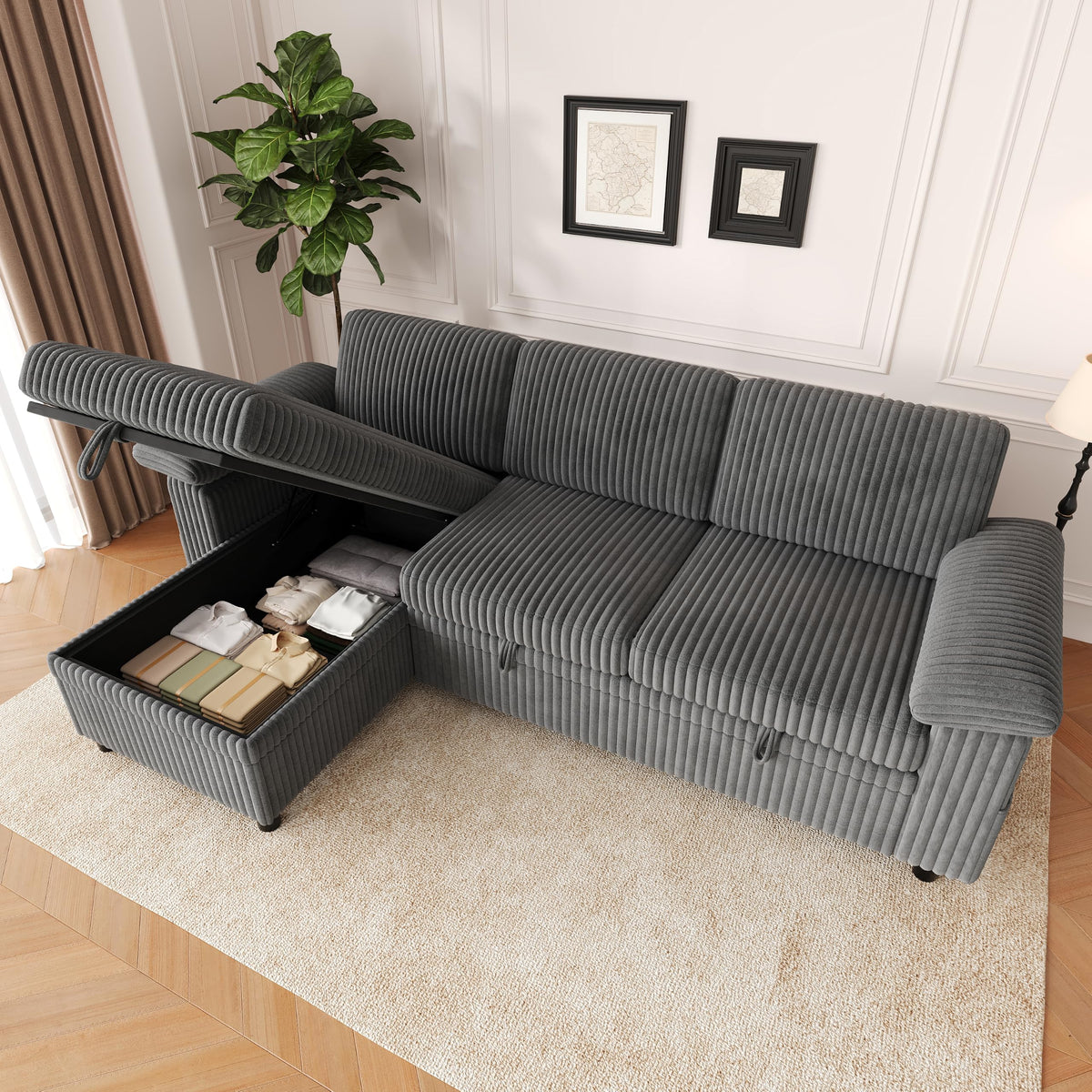 Sofá modular de 3 plazas con función cama extensible y USB/Type-C, sofá esquinero en forma de L con reposacabezas semifijos y compartimento de almacenamiento, sofás con chaise longue