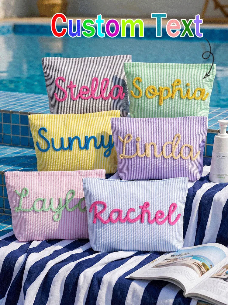 Bolsa de Maquillaje Personalizada de Tela Seersucker, Bolsa de Cosméticos con Nombre Personalizado, Regalo para Damas de Honor, Bolsa de Maquillaje de Viaje, Bolsa de Aseo a Rayas, Playa