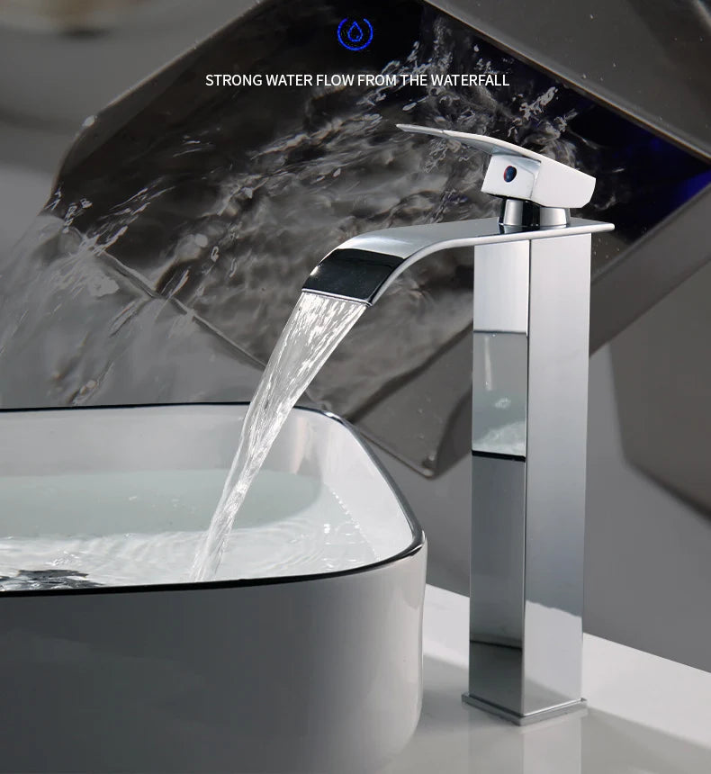 Lavabo cascada para el hogar, grifo alto y bajo de acero inoxidable, lavabo negro para inodoro frío y caliente, Baño