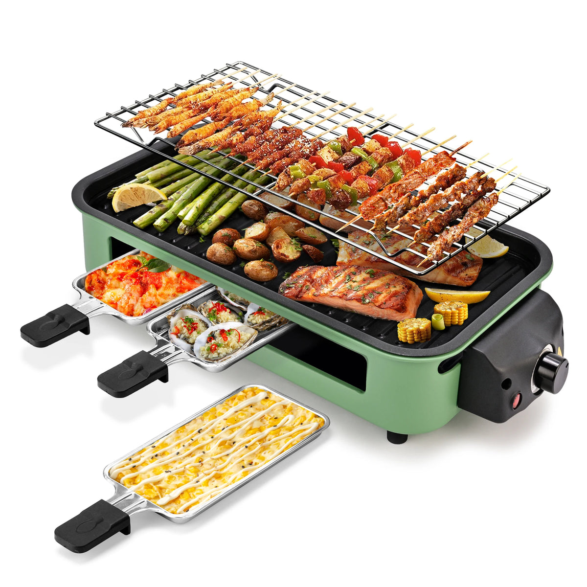 Parrilla eléctrica, parrilla eléctrica sin humo, revestimiento antiadherente, placa/parrilla/bandeja extraíble, adecuada para fiestas familiares y en el comedor de residencia y barbacoas
