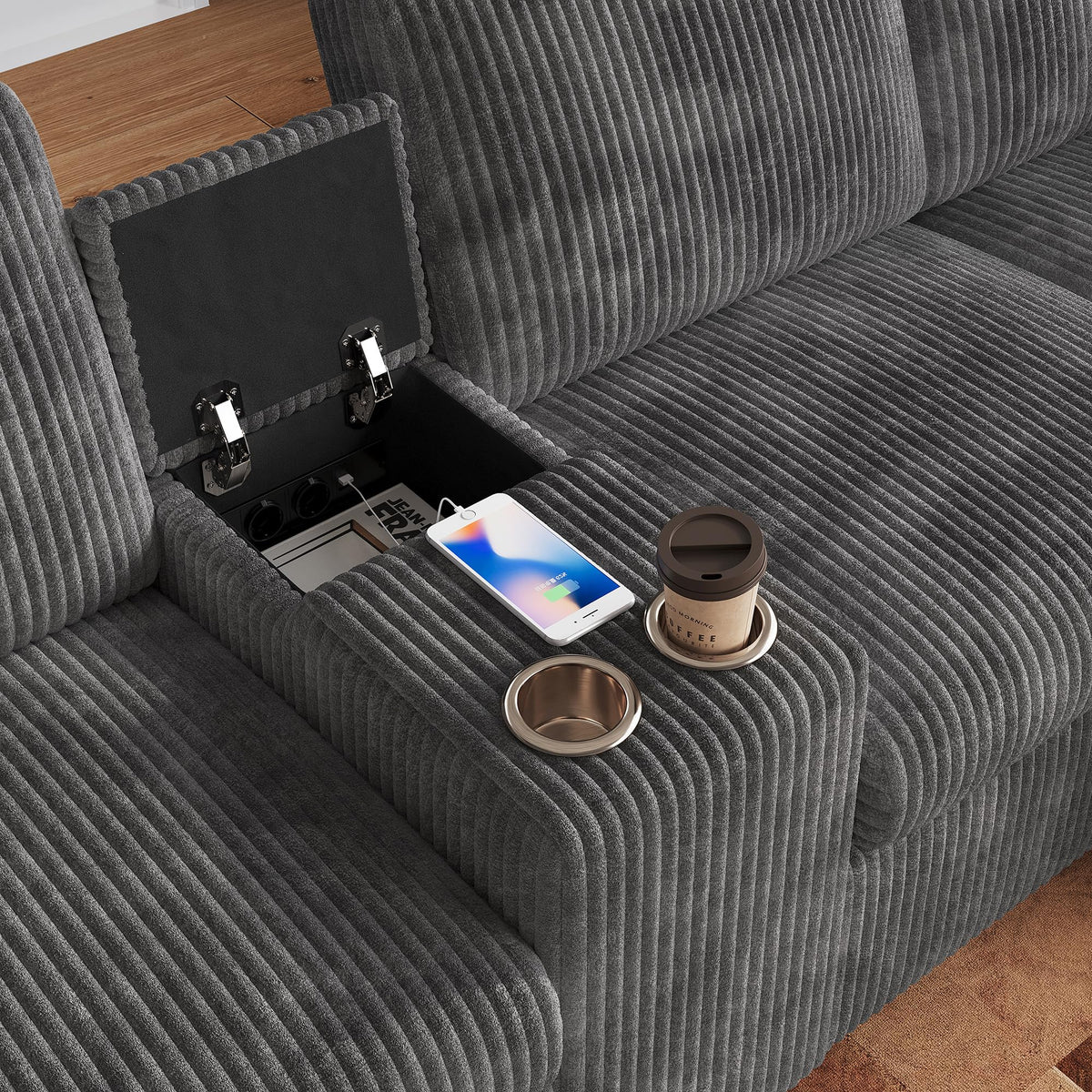 Sofá moderno de chenilla en forma de U con chaise longue, sofá esquinero de 4 plazas con espacio de almacenamiento, puerto USB y tipo C, modular, con soporte para bebidas y cojines suaves